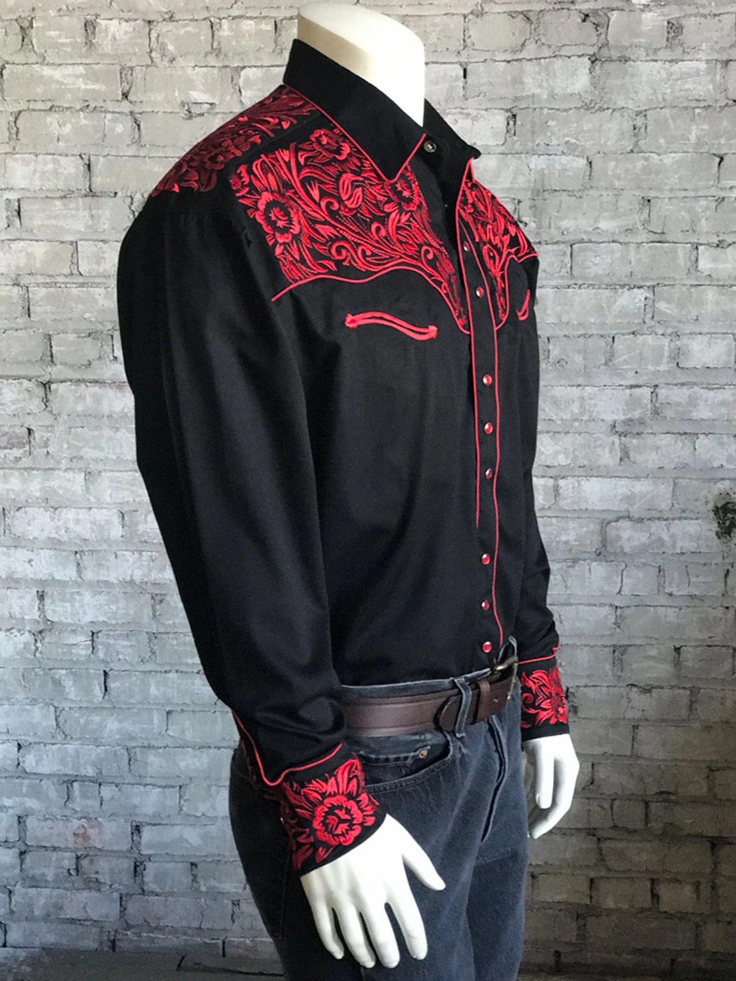 Rockmount Mens Black/Red 100% Cotton Vintage Tooling Western L/S Shirt Lightweight Construction
