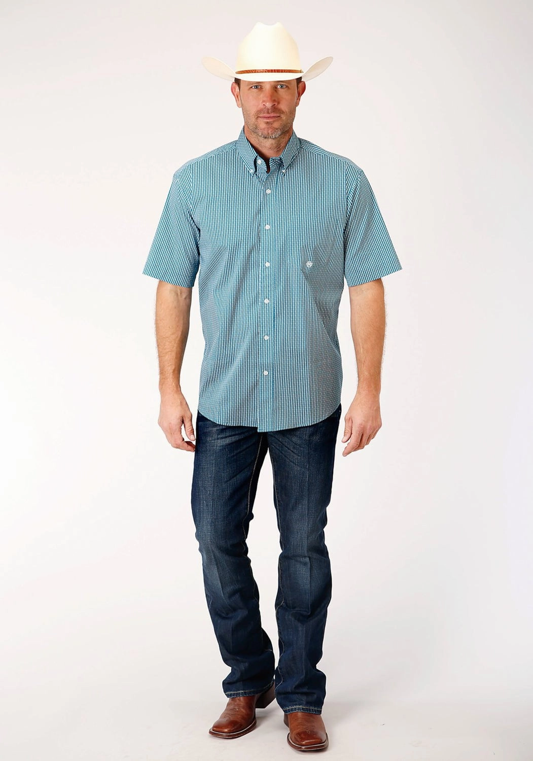 Breathable fabric All-Ages Fit Roper Mens Teal Cotton Blend Arrow Rope BD S/S 1 Pkt Shirt