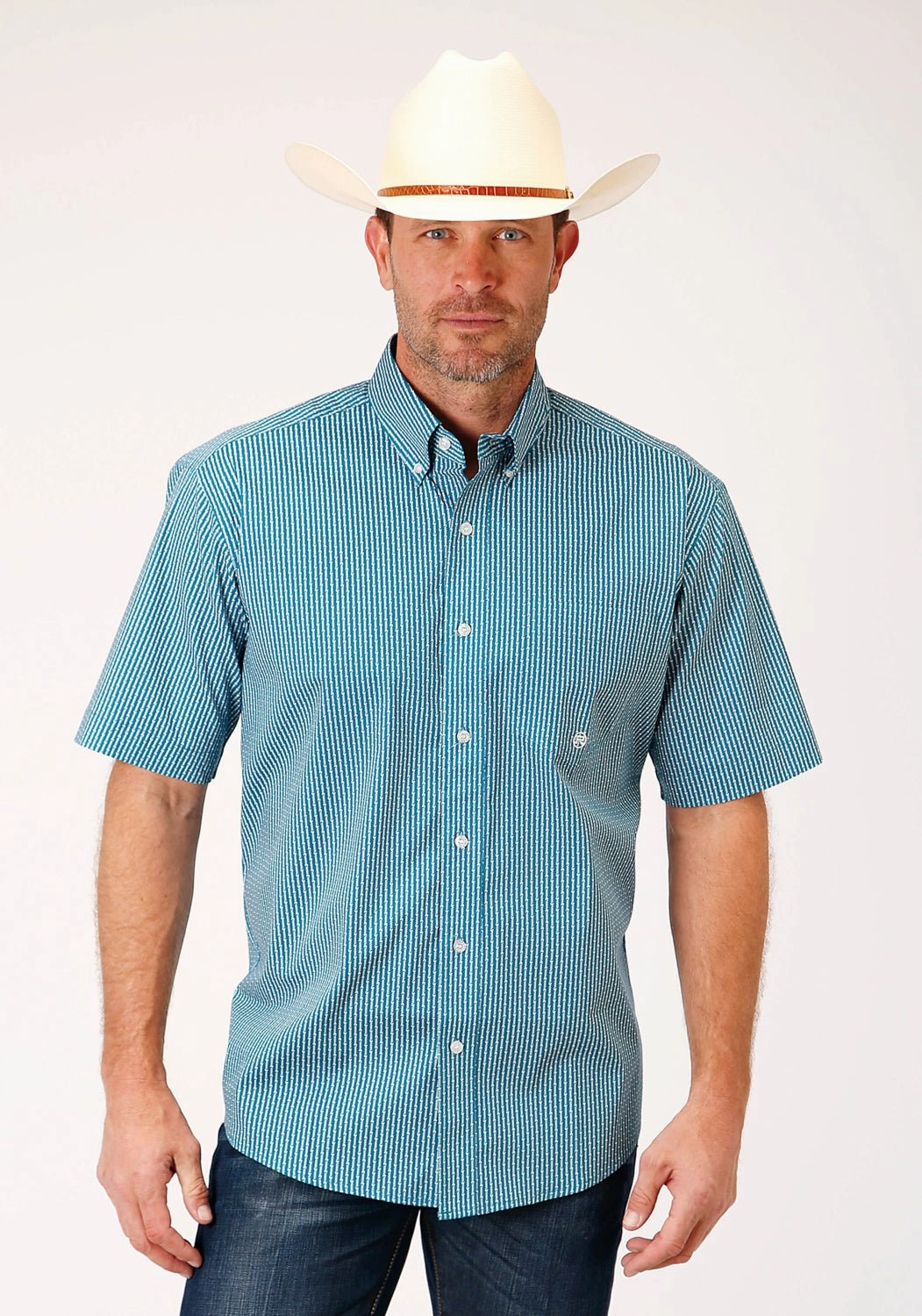 Roper Mens Teal Cotton Blend Arrow Rope BD S/S 1 Pkt Shirt Abrasion Resistant Edging Comfort-First
