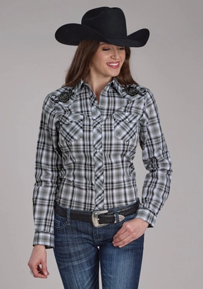 Roper Womens 2126 Plaid Grey/White Cotton Blend L/S Shirt Customizable Option Outerwear Companion