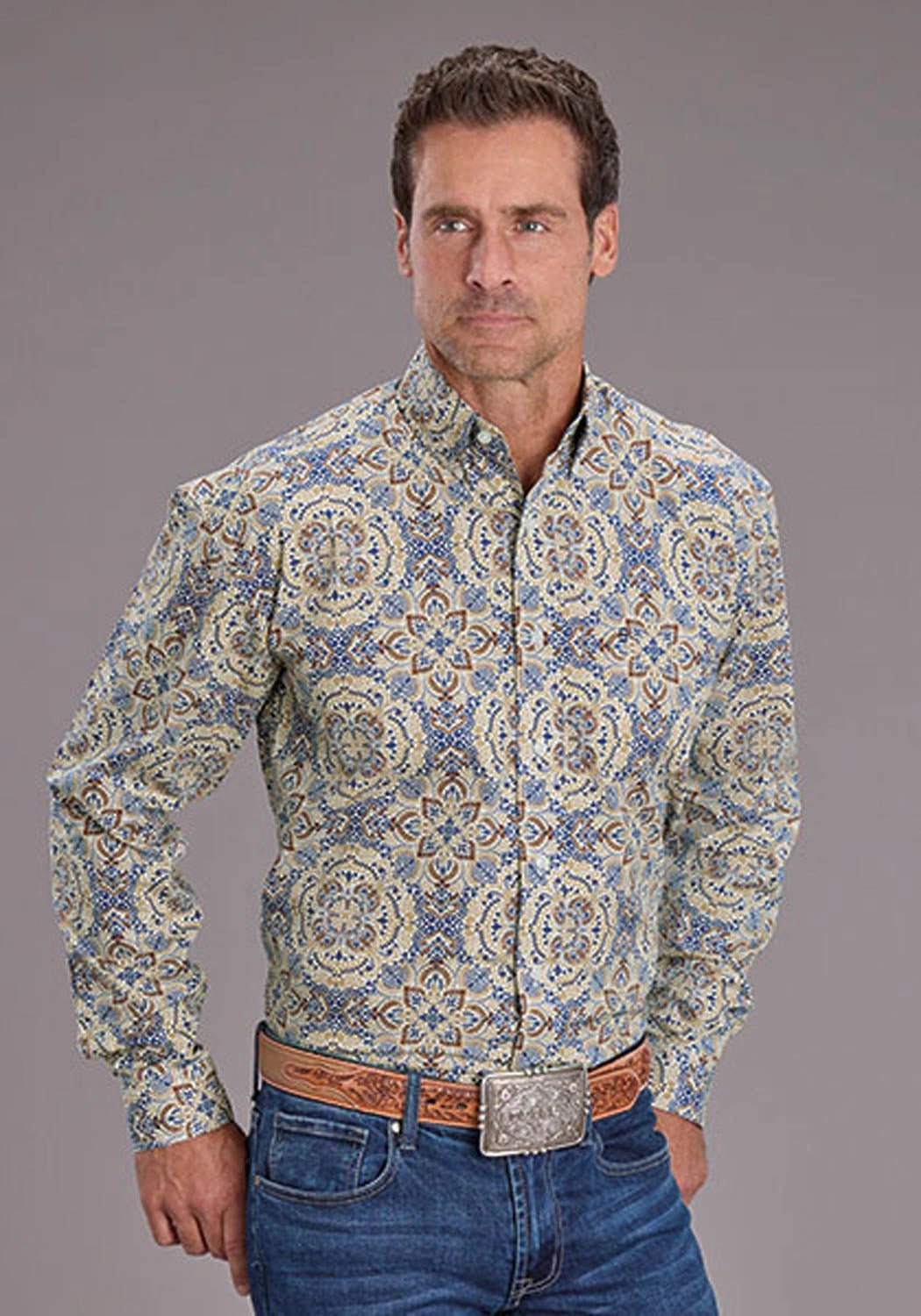 Oversized style Stetson Mens Summer Medallion Paisley Blue 100% Cotton 1 Pkt L/S Shirt