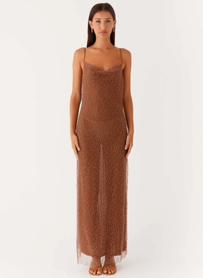 Belt Waist Free Shape Zuella Beaded Maxi Dress - Chocolate
