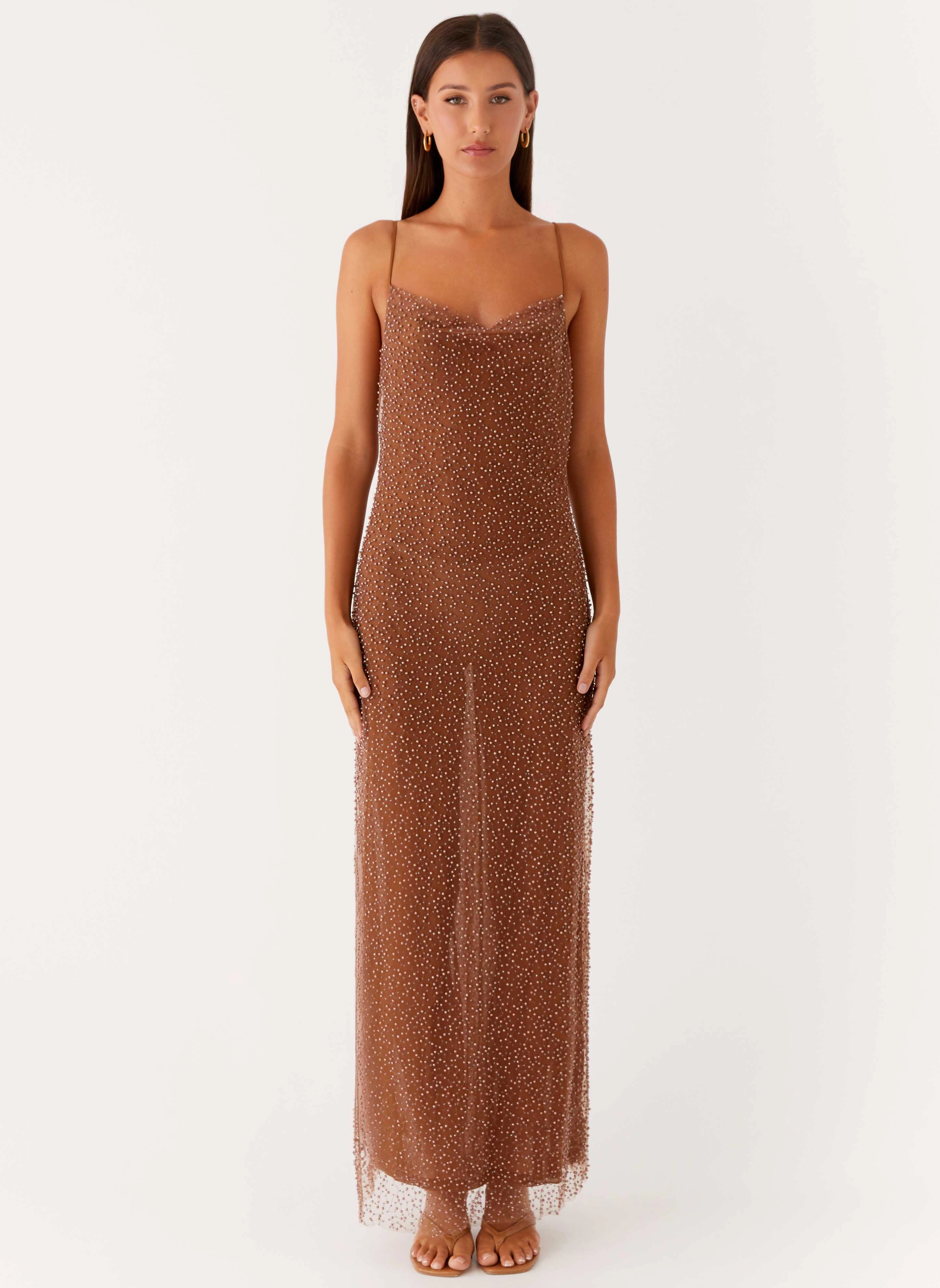 Belt Waist Free Shape Zuella Beaded Maxi Dress - Chocolate